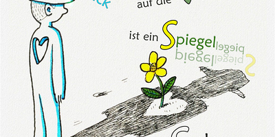 gezeichnete Figur mit angedeutetem Herz steht und schaut auf seinen Schatten aus dem eine Blume wächst