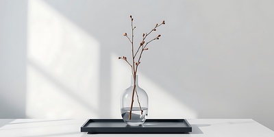Simple glass vase with flower buds on black tray